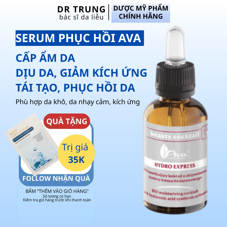 Serum dưỡng ẩm phục hồi da sau tái tạo, làm dịu, giảm kích ứng  Ava Hydro Express 30ml
