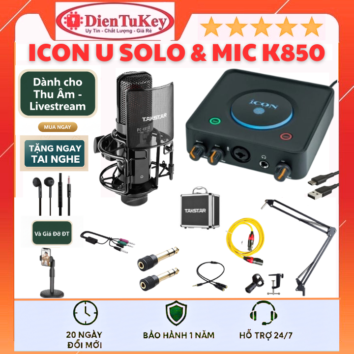 Bộ Mic Live Thu Âm Chuyên Nghiệp Sound Card Icon U Solo Micro Takstar PC K850 hát livestream các app