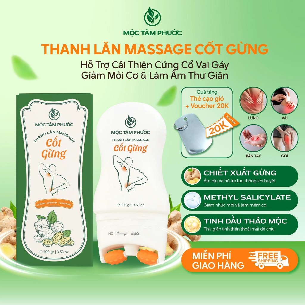 Thanh Lăn Massage Cốt Gừng Mộc Tâm Phước 100ml - Hỗ Trợ Cải Thiện Nhức Mõi Thư Giãn Cơ [Tặng Thẻ Cạo Gió]