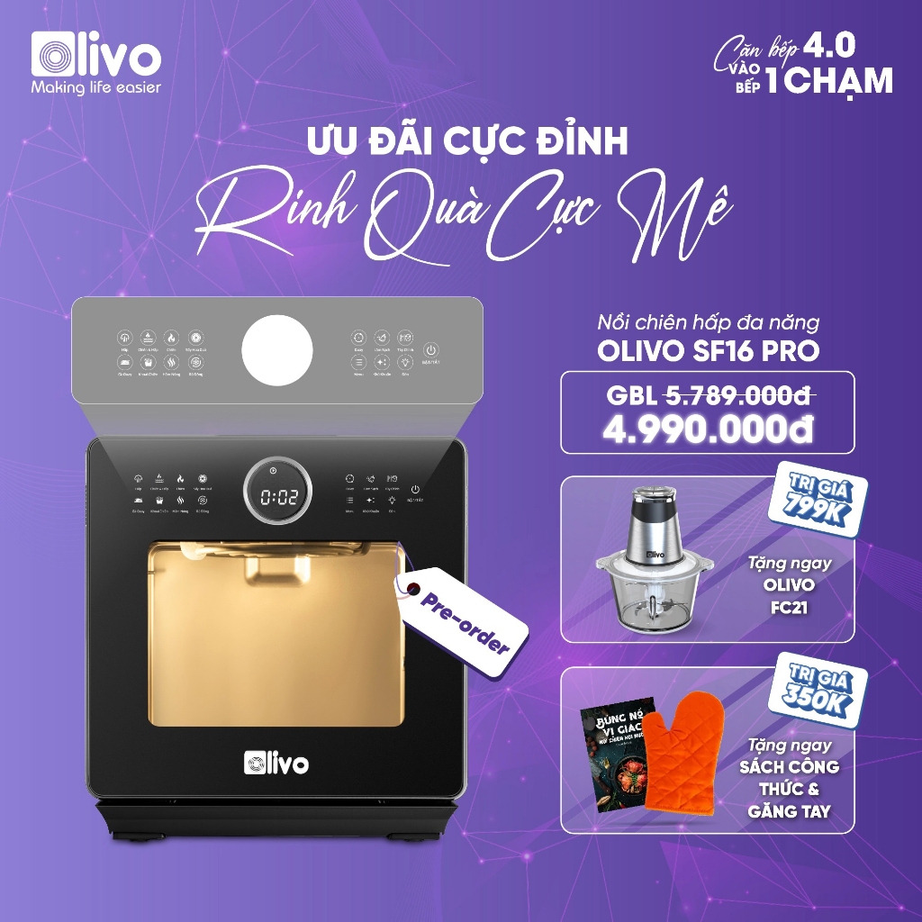 [Tặng Máy Xay Thịt 490k] Nồi Chiên Hơi Nước OLIVO SF16 PRO, Bản Mới 2025 Có Chú Thích Tiếng Việt, Hà