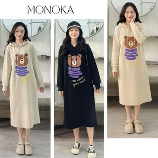  Váy suông dáng dài qua gối có mũ Hoodie dài tay chất nỉ ấm áp hình chú gấu Đầm bầu nữ form rộng thu đông xinh T1440G 