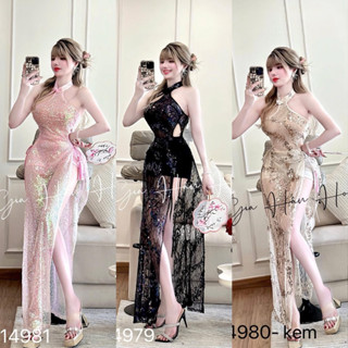  Đầm cườm vảy xuyên thấu xẻ tà dây cột hông 