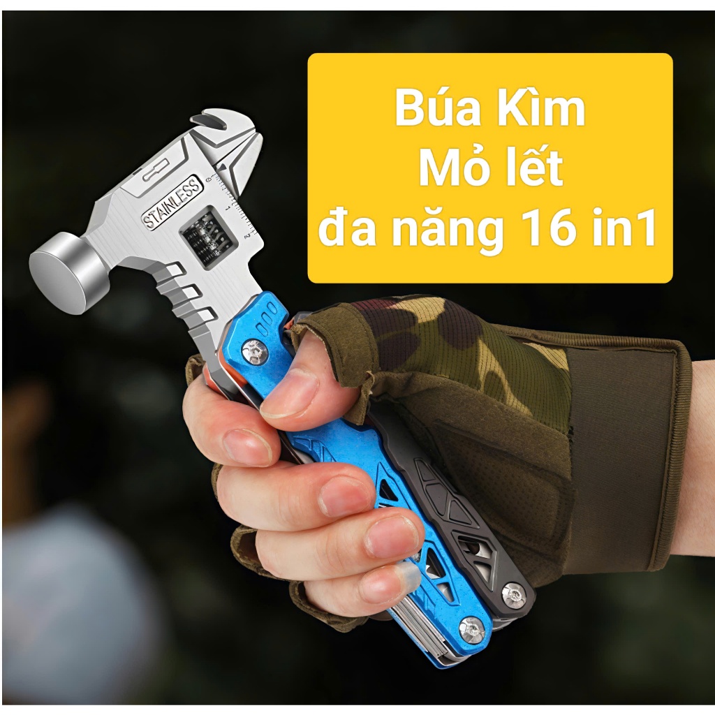 Búa Đa Năng 16in1 STEEL – Multi-Tool EDC | Kìm, Mỏ Lết, Tua Vít, Cưa Mini – Dụng Cụ Cắm Trại, Cứu Hộ