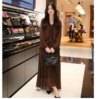  Váy tơ nâu dáng suông dài phối bèo nhún tiểu thư V3 