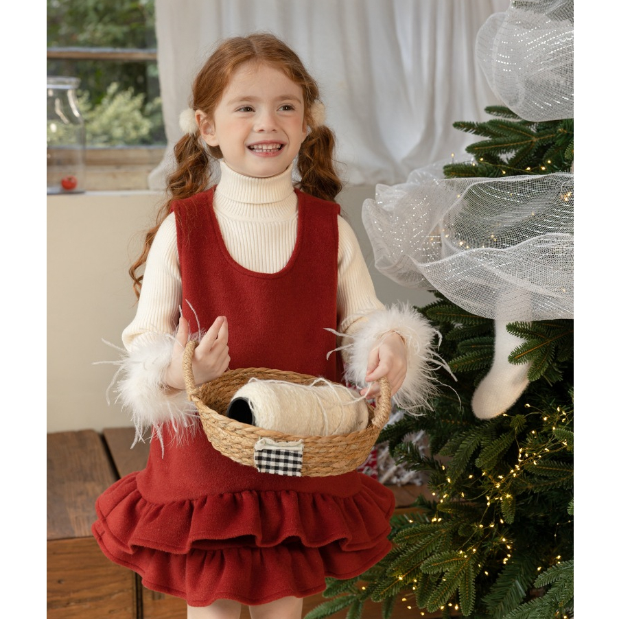April bebe - MBang Váy dạ đỏ đuổi cá TẾT, NOEL mùa đông dày dặn phối bèo đơn giản Cho Bé Gái