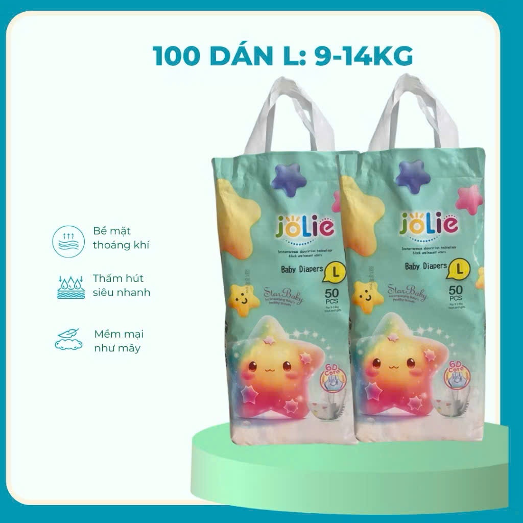 [Jolie] Combo 2 Bịch 100 Miếng Tã Dán Jolie đủ size SML Cho Bé Mềm Mại Thấm Hút Tốt