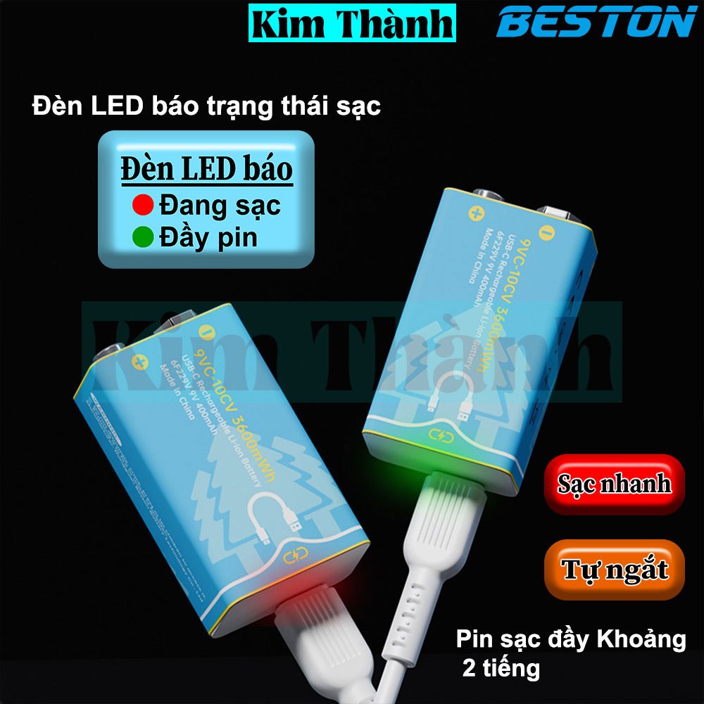 Pin sạc 9V BESTON,USB 9V,9VC-10CV,pin 9V Lithium(Li-ion),3600mWh(400mAh)