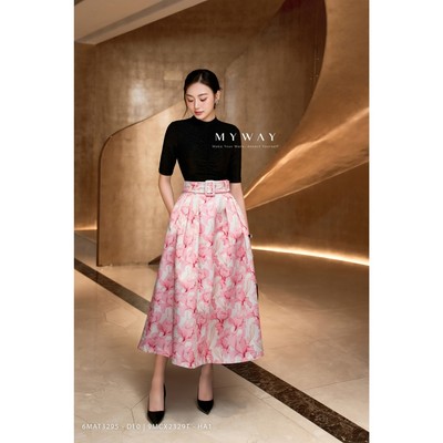 Chân Váy Nữ Xòe Gấm Hoa Champagne Bloom  MY WAY Kèm Đai Quý Phái Cao Cấp 9MCX2329T