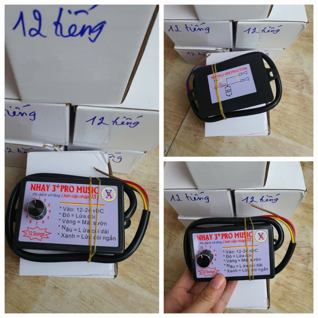 Nhại còi, nhại kèn 3 + pro music 8 tiếng 12v 24v, dùng cho kèn hơi, kèn điện.