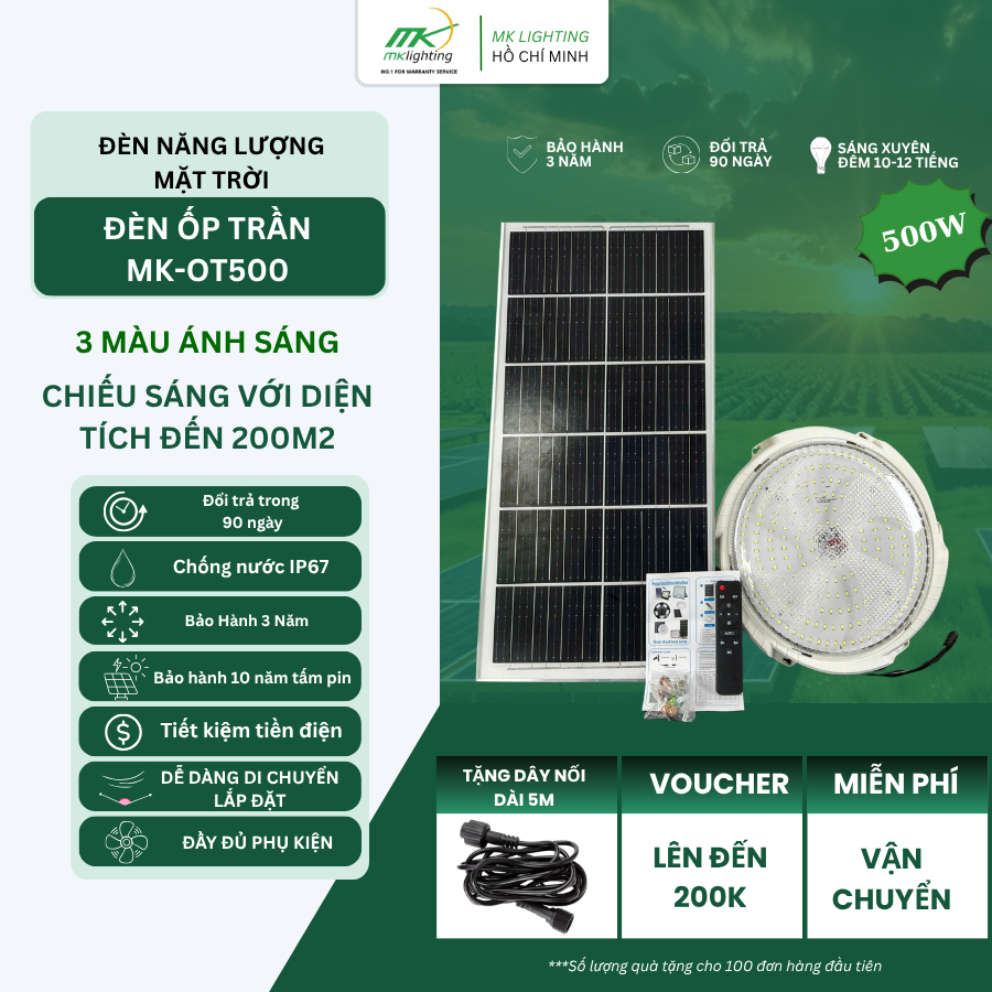 Đèn Ốp Trần Năng Lượng Mặt Trời Công Suất 500W MK-OT500 – Chiếu Sáng Ngoài Trời Siêu Bền