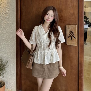  Áo babydoll  BLOOM thô boil cổ V hoạ tiết nơ nhỏ  viền eo Hàn Quốc HAVANA AO384 