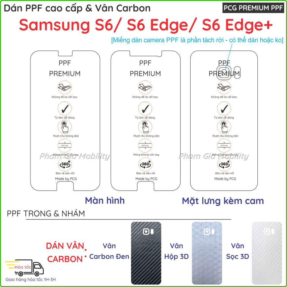 Dán PPF & Skin Carbon dành cho Samsung S6 Edge S6 Edge+ Plus/ S4 Zoom loại trong, nhám dành cho màn 