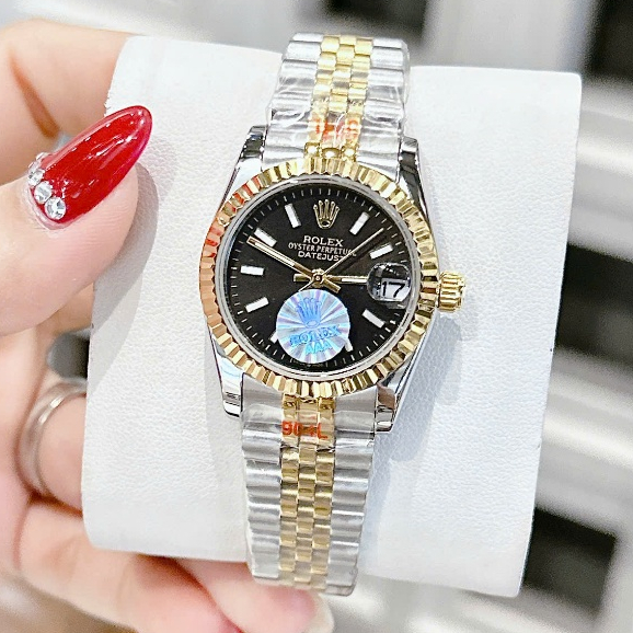 Đồng Hồ Nữ Ro Lex Date Just Máy Pin Mặt Đen Vỏ Demi Vàng Size 31mm