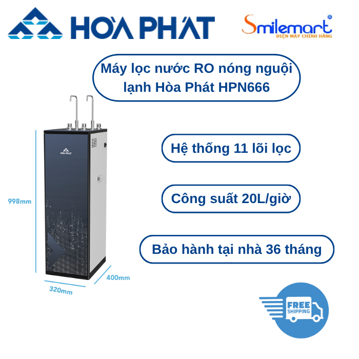Máy lọc nước RO nóng nguội lạnh HPN666 (11 lõi) - Bảo hành tại nhà 36 tháng -Tặng 01 áo mưa Hòa Phát