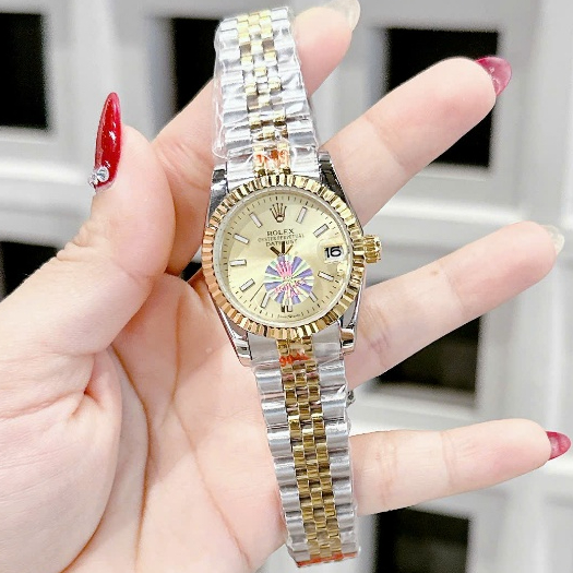 Đồng Hồ Nữ Ro Lex Date Just Máy Pin Mặt Vàng Vỏ Demi Vàng Size 31mm