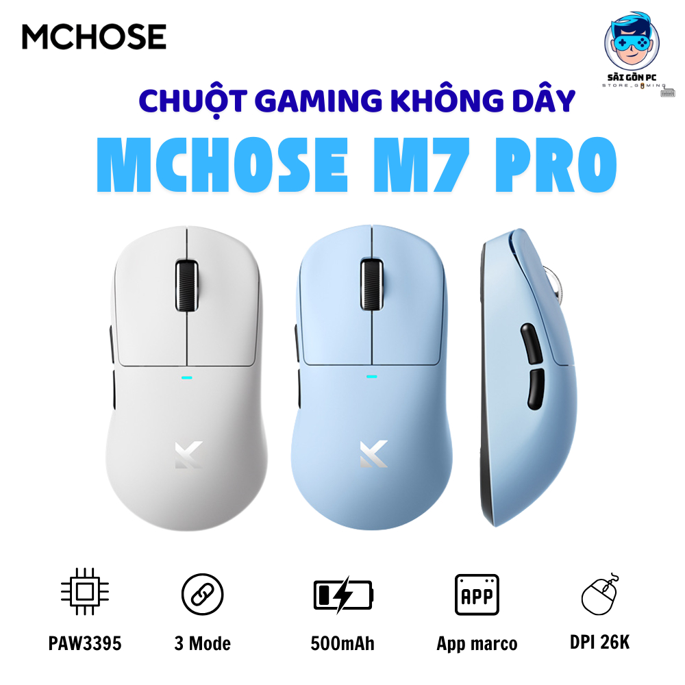 Chuột không dây MCHOSE M7 PRO - 3 mode kết nối - Paw3395 - DPD 26000 - Pin 500mAh - APP tùy chỉnh