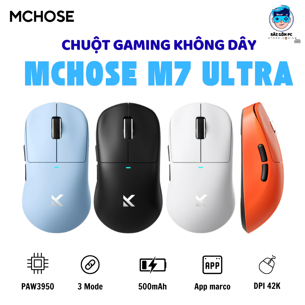 Chuột không dây MCHOSE M7 ULTRA - 3 mode kết nối - Paw3950 - Pin 500mAh - DPD 42000 - APP tùy chỉnh