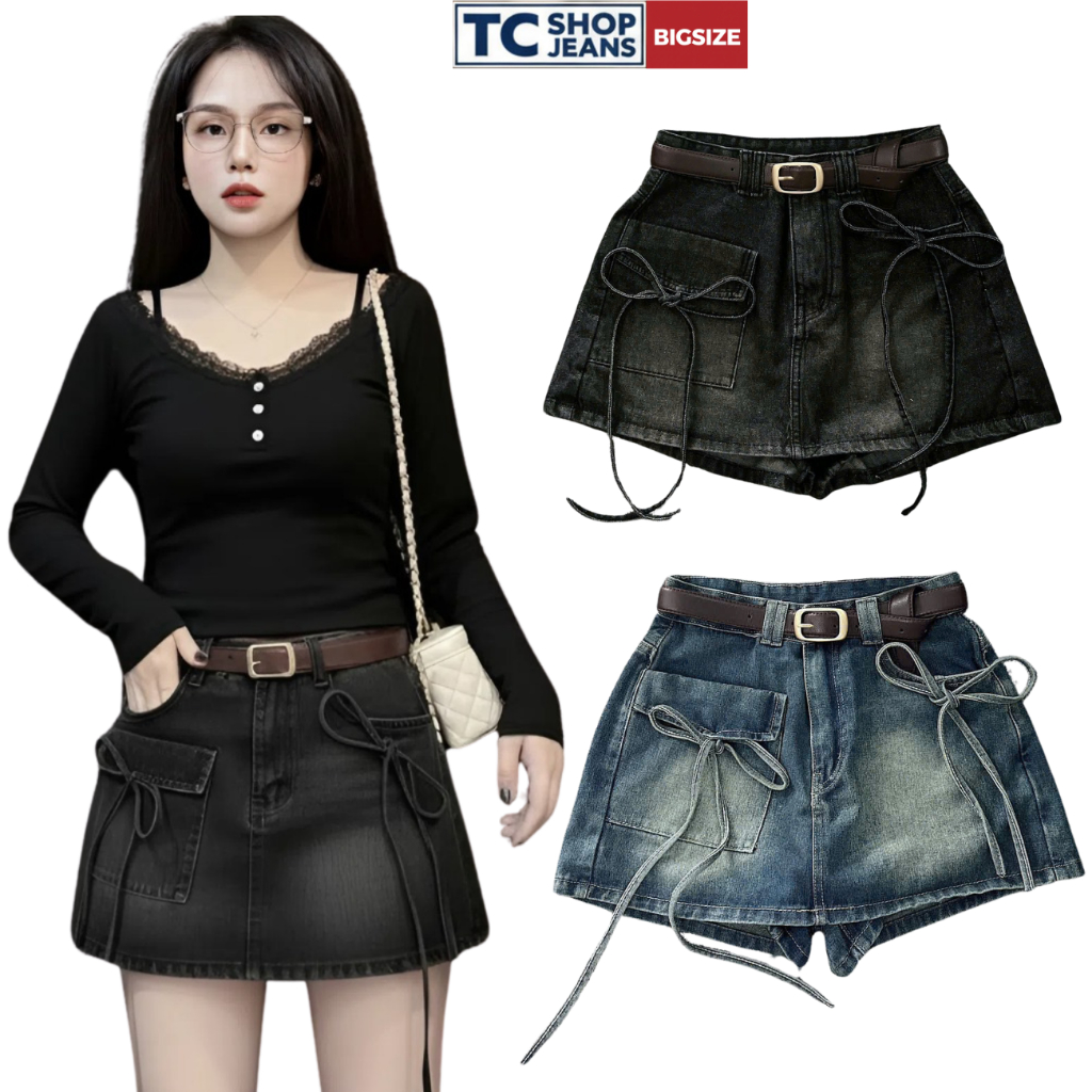 Quần Short Váy Jean Nữ Thắt Nơ Trẻ Trung  TC SHOP JEANS BIGSIZE 55kg-90kg Chất Jean Mang Đi Chơi Mã 