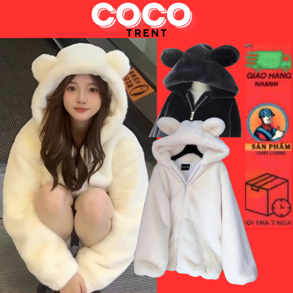 Áo Khoác Lông Gấu Thỏ Tai Gấu 2 lớp Có Mũ Họa Tiết đẹp - Áo Lông Gấu Thỏ Có Mũ Form Rộng Phối Vệt Th