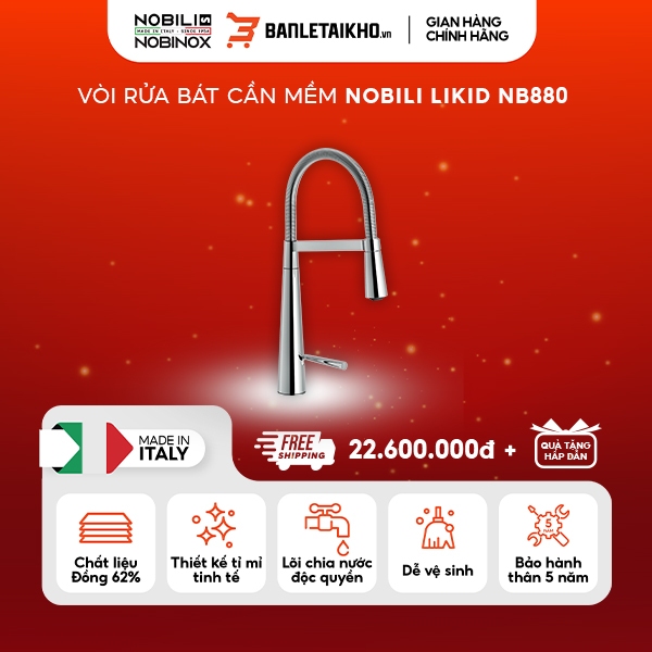 Vòi Rửa Bát Cần Mềm NOBILI LIKID NB880 Chất Liệu Đồng 62% Chrome Thiết Kế Hiện Đại Lõi Chia Nước Độc