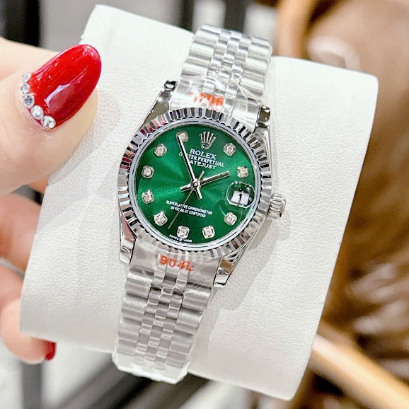 Đồng Hồ Nữ Ro Lex Date Just Máy Pin Mặt Xanh Lá Vỏ Silver Size 31mm