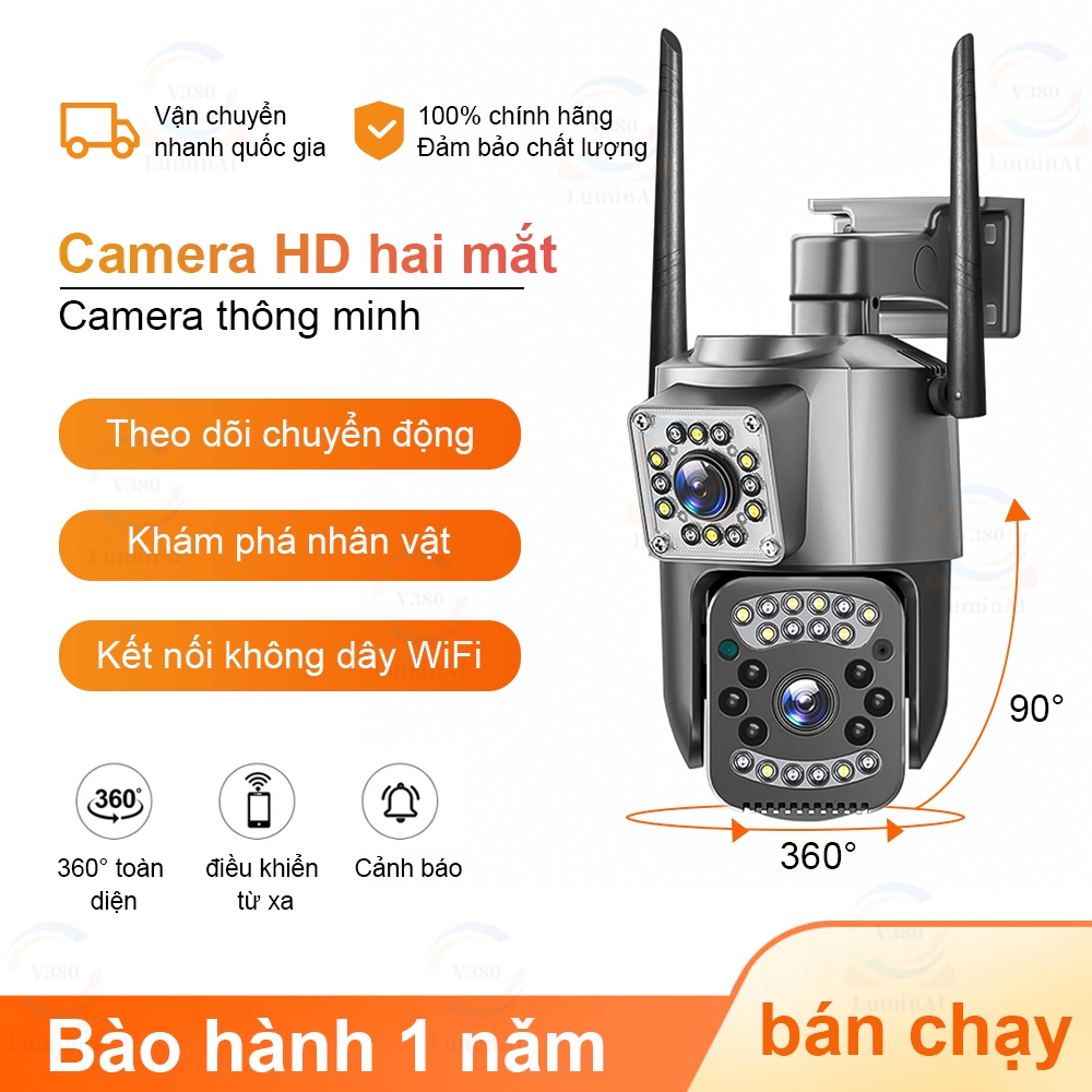 【LuminAI】Camera 2 mắt 1080P HD Máy ảnh 360 trong nhà an ninh Ngoài trời chống nước Wifi IP ống kính kép Dual Lens Camera