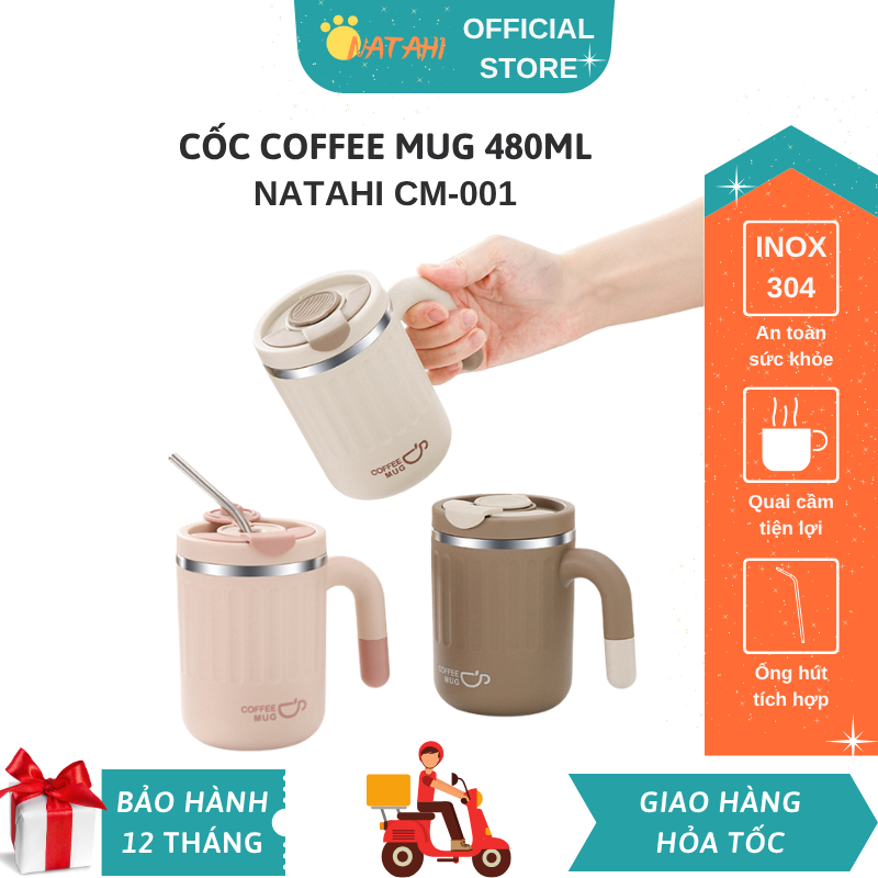 Cốc đựng Cà phê Coffee Mug NATAHI CM-001 Inox 304 cao cấp, dung tích 480mL tặng kèm Ống hút Inox tiệ