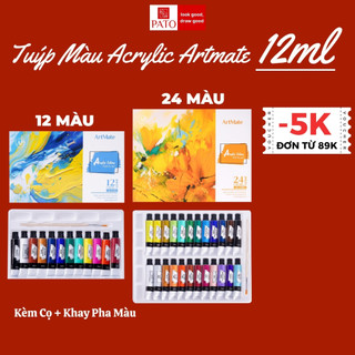   Kèm Cọ Và Khay  Màu Nước Acrylic Tuýp 12ml 12 24 Màu Chất Mịn Đậm Đặc Dễ Tán Pha Trộn Màu Artmate Vẽ Trên Đa Chất Liệu 