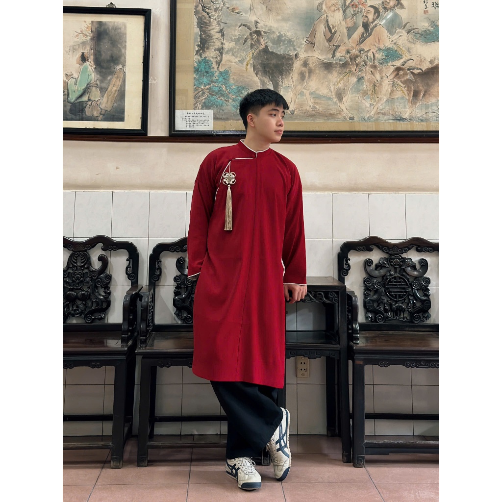 [Hỏa tốc HCM] Áo dài nam ngũ thân cúc tròn phối viền BIGSIZE 120KG chất vải KAKI Hàn Tết [KHÔNG BAO GỒM KHUY CÀI]