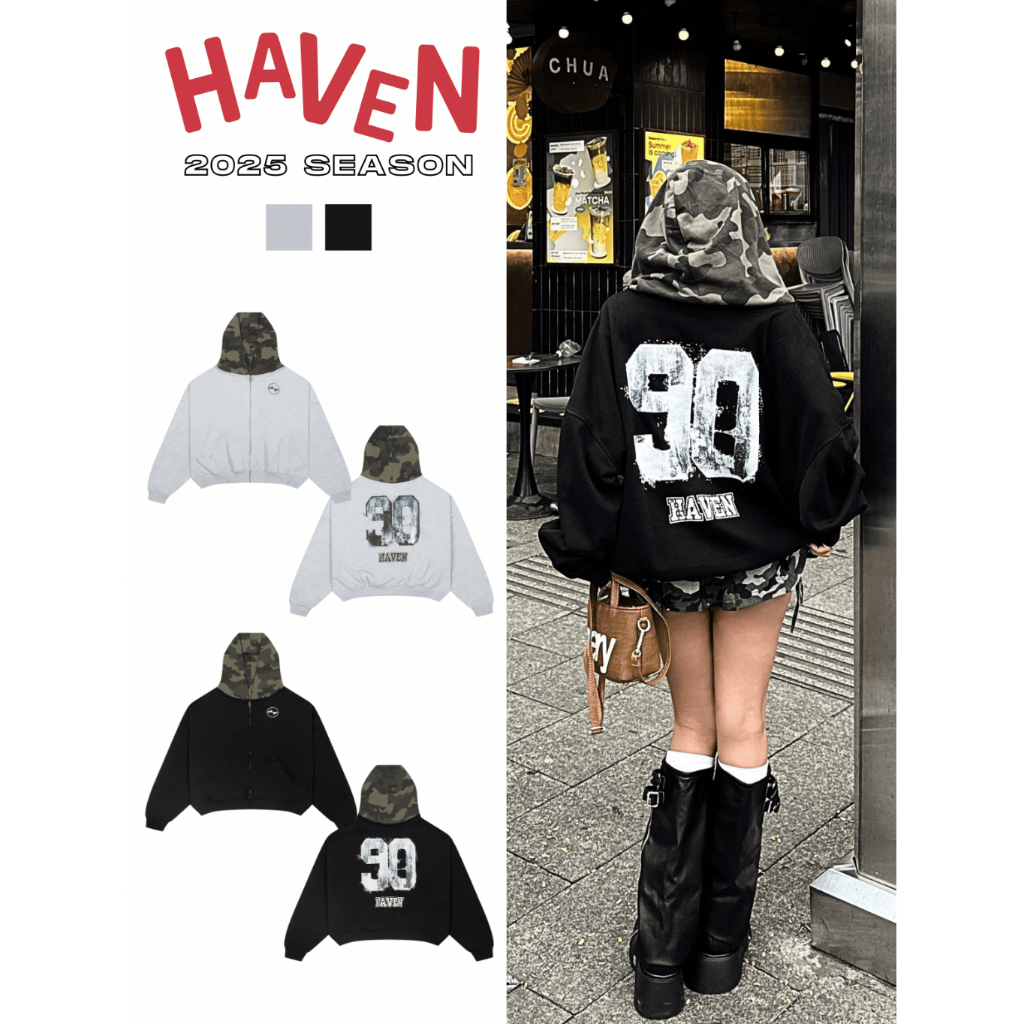 Áo hoodie form rộng in số 90 phối nón camo rằn ri Haven Studio chất nỉ cua dày dặn màu đen và xám