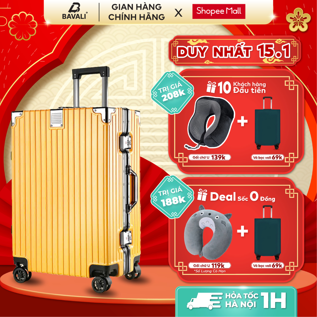 Vali Khung Nhôm Khoá Sập Bavali 9034 Size 20/24/28 Bo 4 Góc Kim Loại Chống Va Đập Mạnh Bảo Hành 5 năm