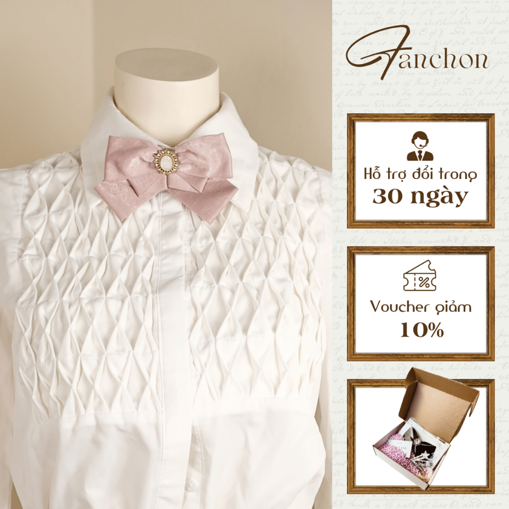 Phụ Kiện Cao Cấp Fanchon - Phong cách hiện đại – Nơ cổ mịn hồng phấn phối khuy đá ngọc trai
