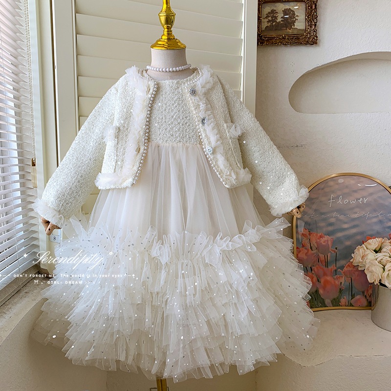 Set áo khoác dạ bling và váy dạ voan dài hàng QCCC cho bé gái