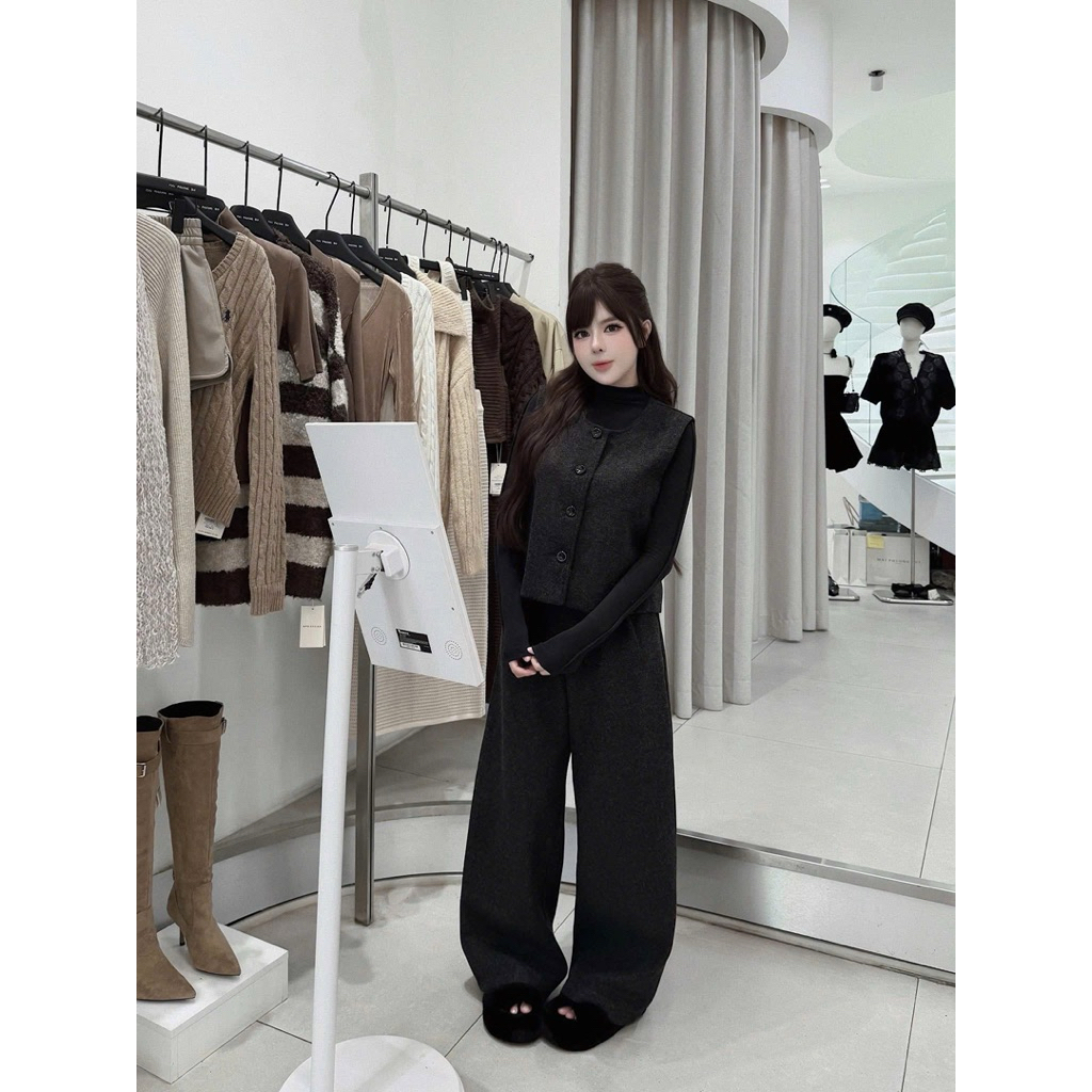 Set Bộ Ghile Nỉ Ép 3 Món Mix Áo Len Quần Dáng Dài MPB, Set Bộ Đồ Thu Đông Áo GhiLe Mix Áo Cổ Lọ Len 