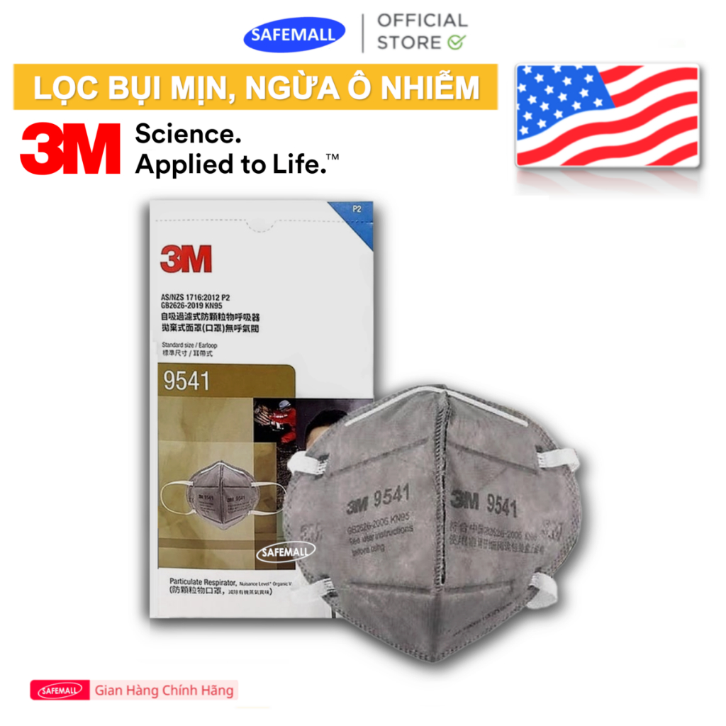 Hộp khẩu trang 3M 9541, 9541V có van than họat tính, 3M 9001, Túi 9501V có van, tiêu chuẩn KN95 lọc 