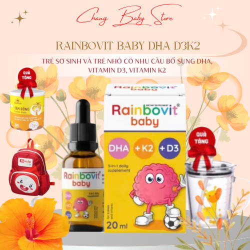 Rainbovit Baby DHA D3K2 công thức 3 trong 1 tối ưu cho trẻ sơ sinh chai 20ml + quà tặng