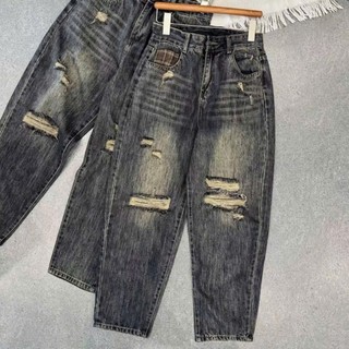  3589 BIGGSIZE Quần baggy nữ cap cao không giãn  quần jeans dáng thụng tạo kiểu túi kẻ cao cấp 