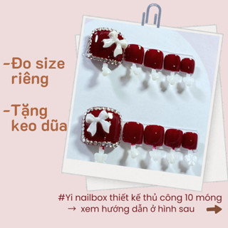  Móng chân giả MC08 yi nail box thiết kế sơn gel đỏ đô gắn charm nơ trắng 