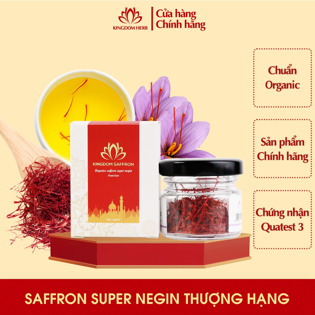 Nhụy hoa nghệ tây saffron Kingdom Herb Iran chính hãng hữu cơ hộp 1g - hỗ trợ ngủ ngon, đẹp da KQ