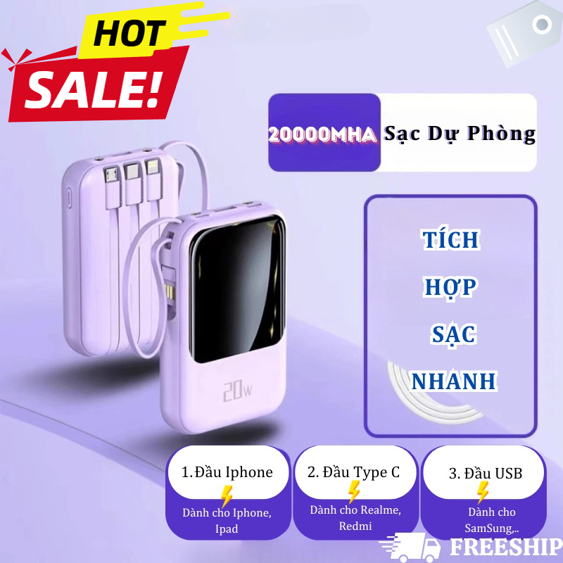 Dosen sạc dự phòng pd20000mAh sạc kho | 20W sạc flash ba dây một màn hình led hiển thị kỹ thuật số