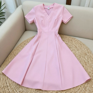 Đầm xoè, váy vintage, váy công sở màu hồng cổ V basic xuongvnxk vnxk (kèm hình thật)