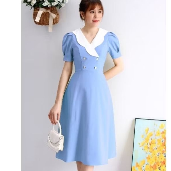 Đầm công sở cổ phối 2 lớp cao cấp có túi