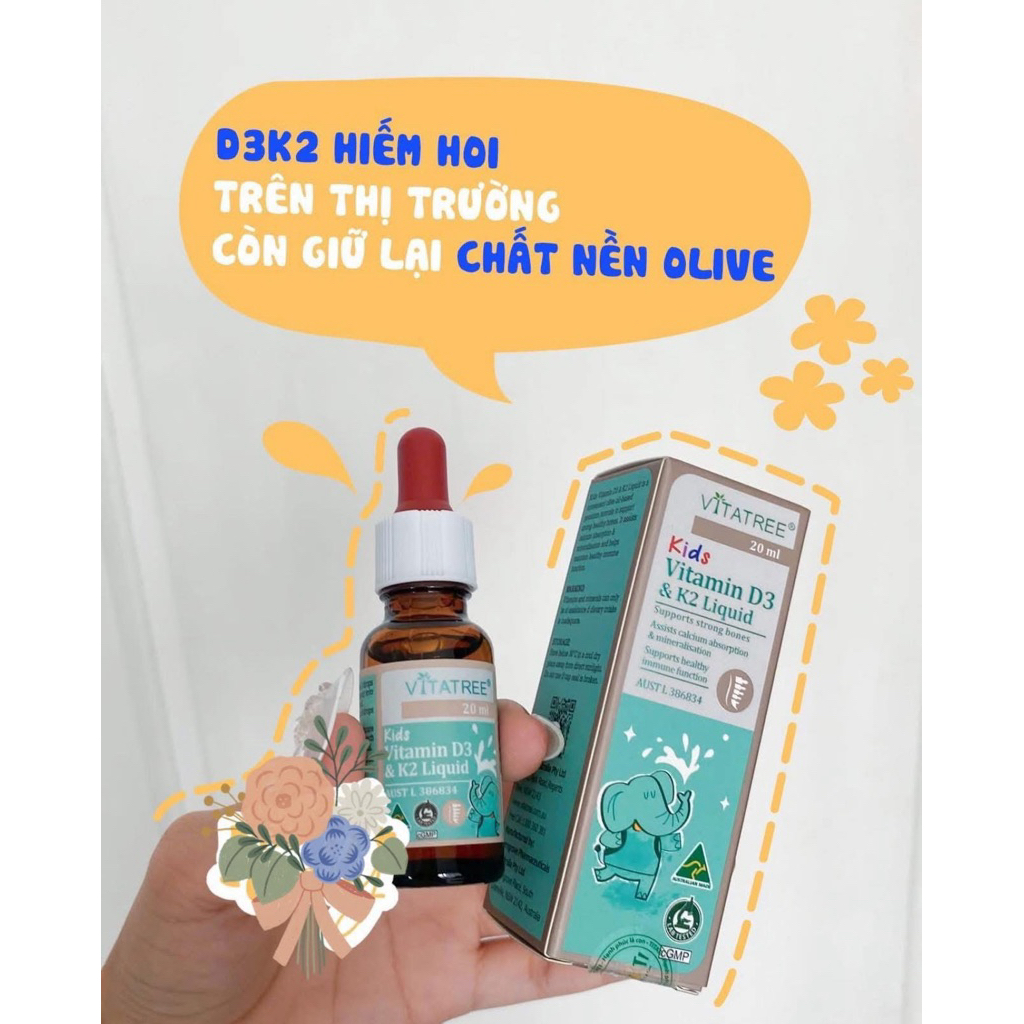 D3 K2 hỗ trợ hấp thu canxi cho trẻ Vitatree Kids Vitamin D3 & K2 Liquid 20ml