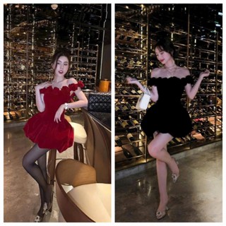  Đầm váy nữ thiết kế đi chơi TẾT,NOEL CHẤT NHUNG trễ vai đính bông hồng dáng bí phồng xoè sang chảnh dự tiệc siêu hot 