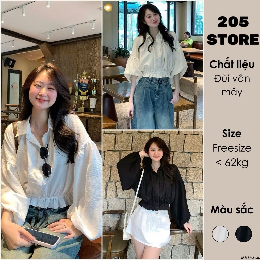 Áo Sơ Mi Dáng Croptop Tay Bồng Chun Dưới 20 THÁNG 05 SHOP MA3136