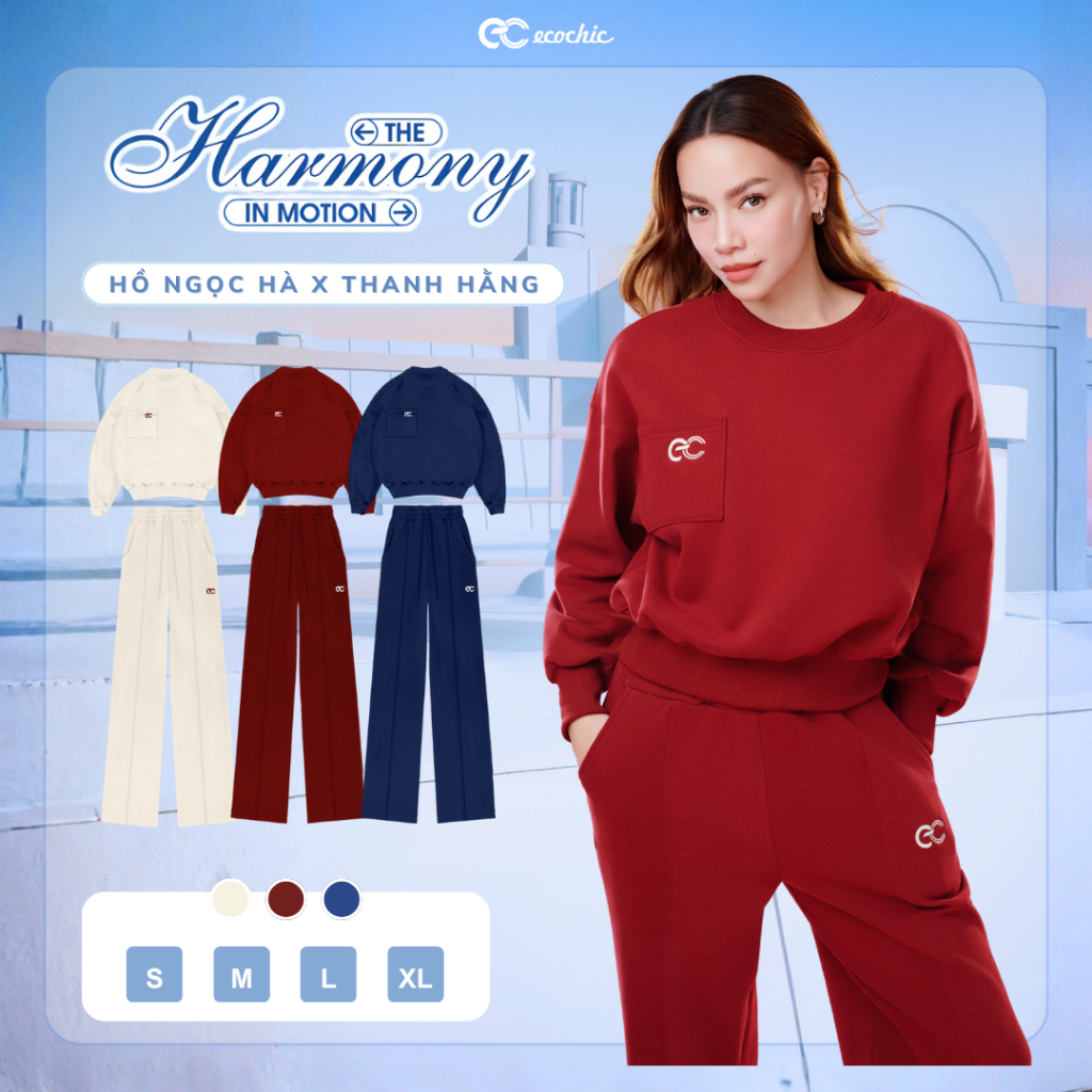 Set Bộ ECOCHIC Áo Nỉ Lông Nhung Nhung Cổ Tròn Logo Ngực Quần Suông Cao Cấp Mềm Mịn Chính Hãng HNH B2