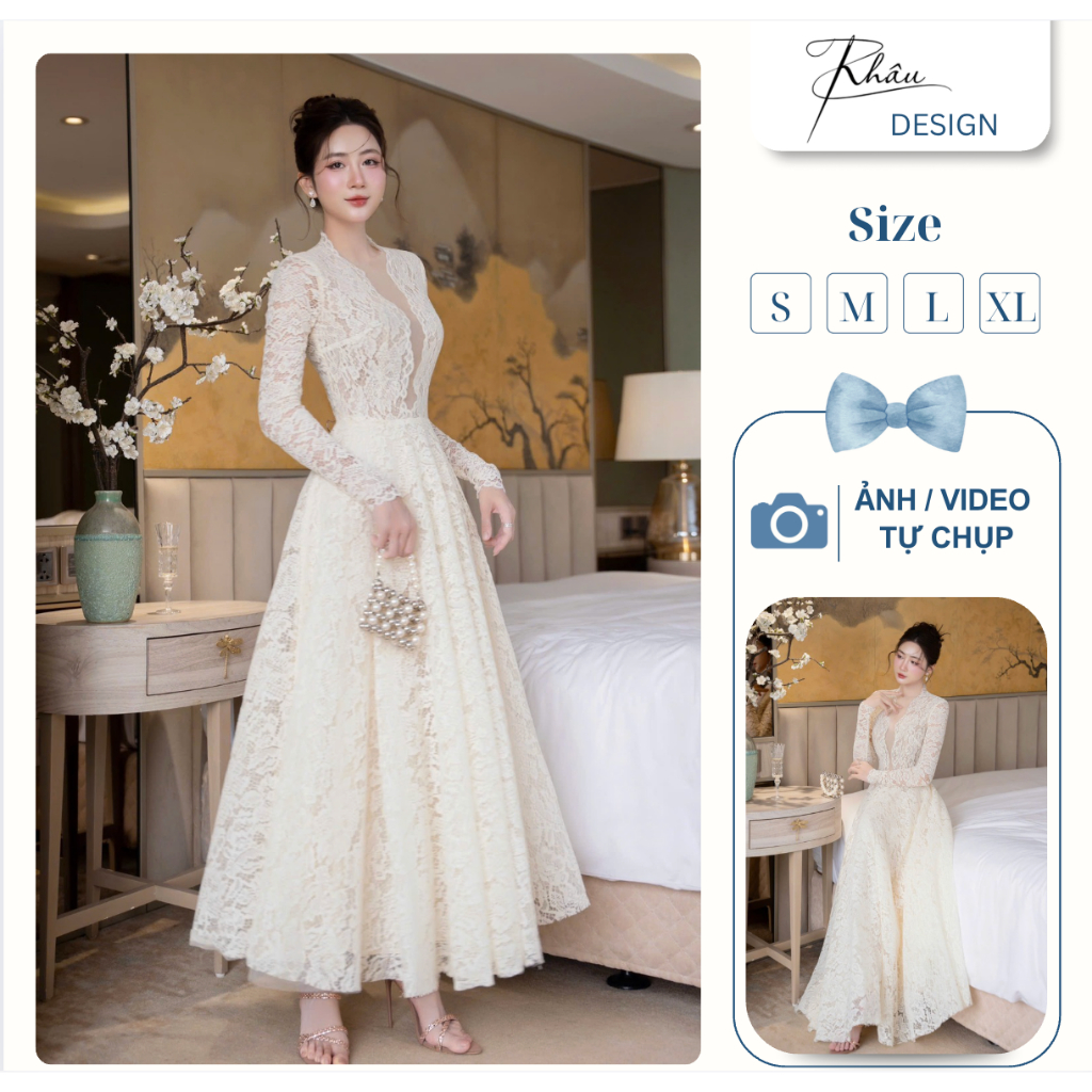 Váy Nữ Dài Đầm Dự Tiệc Ren Dài Tay Cổ V Cao Cấp Tay Dài Dáng Xoè Phù Hợp Váy Đi Bàn Và Đi Tiệc K937