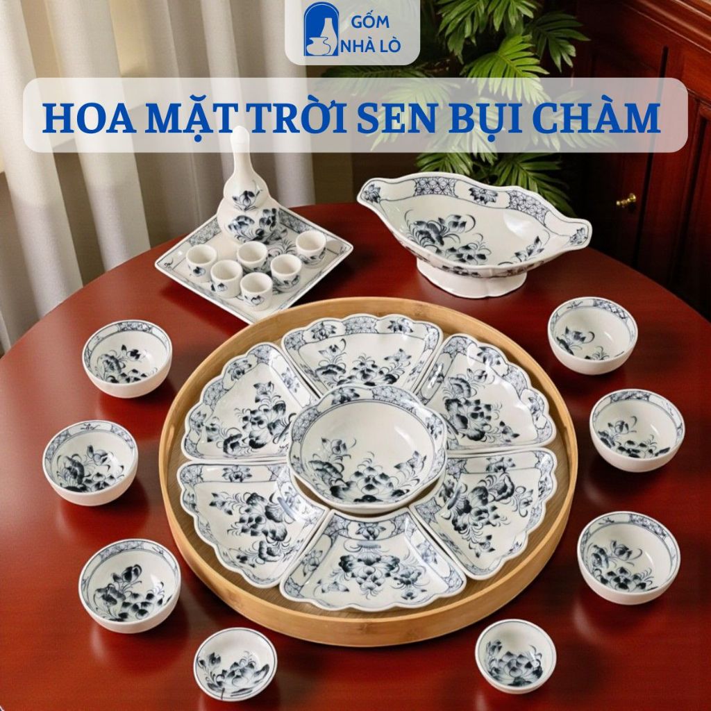 Bộ bát cúng gia tiên SEN BỤI CHÀM gốm sứ bát tràng,bộ bát đĩa hoa mặt trời, bát đĩa thờ cúng,bát đĩa