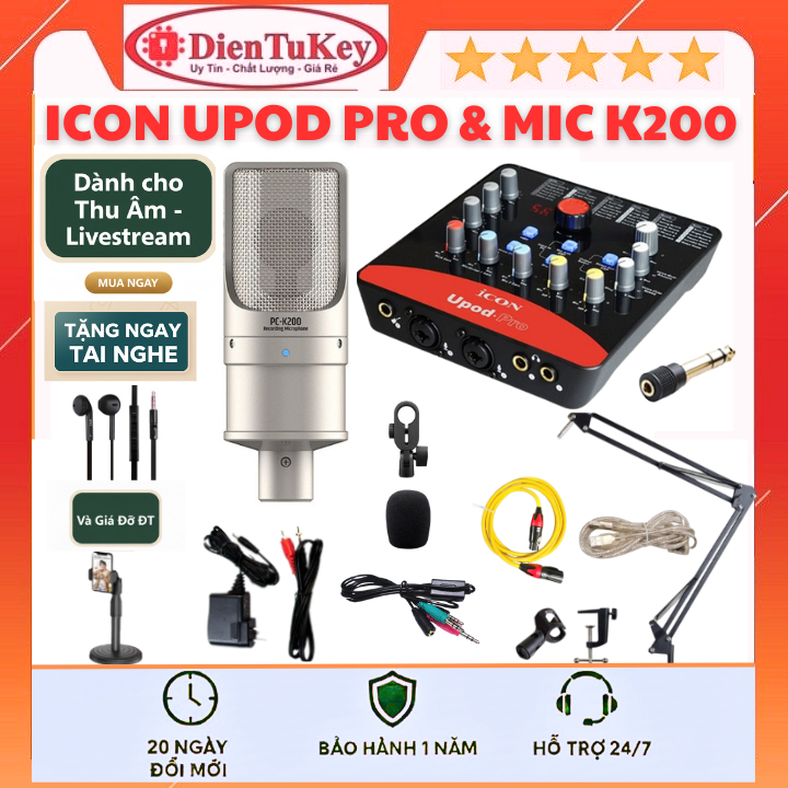 Bộ Combo Mic Thu Âm Hát Livestream Sound Card  Icon Upod Pro Mic Takstar PC-K200 New Chuyên Livestre
