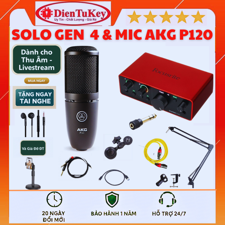 Bộ Combo Mic Thu Âm Hát Livestream Sound Card Focusrite Solo Gen 4 & Mic AKG P120 Thu Âm Điện Thoại 
